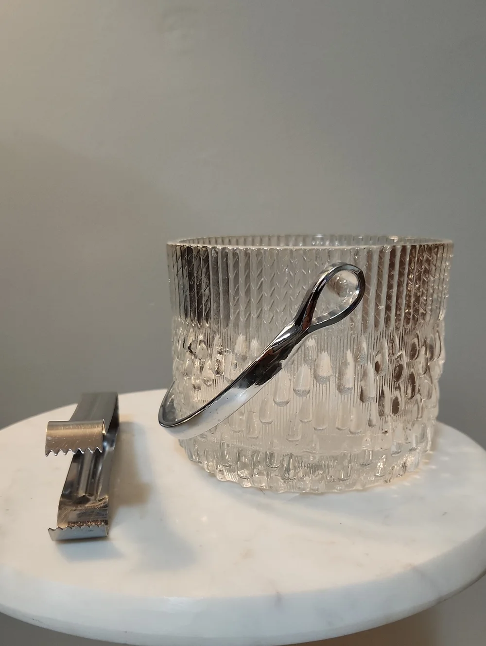 Vintage MCM Clear Textured Glass Ice Bucket Silver Tongs Teleflora